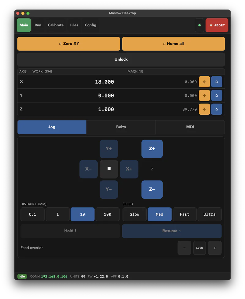 The main tab with jog controls and position readouts