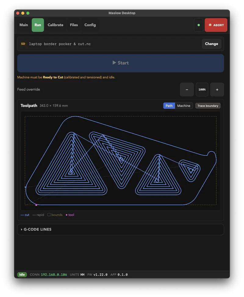 The Run tab with live toolpath preview