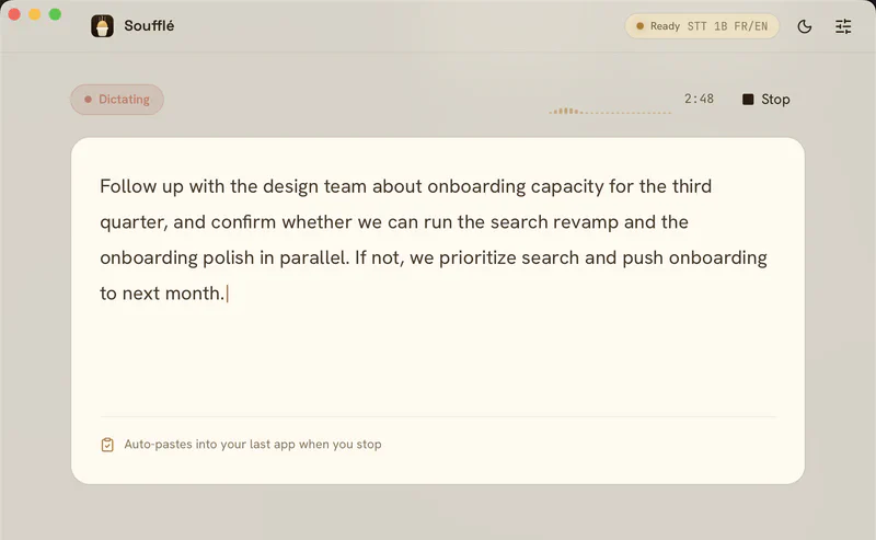 Dictation view with auto-paste