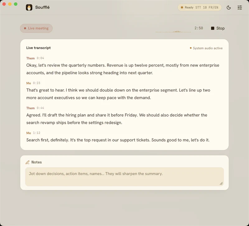 Live meeting transcription in Soufflé, separating Me from Them