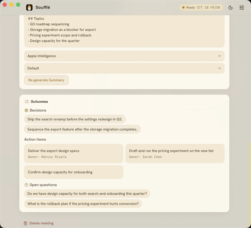 Locally generated summary with decisions and action items