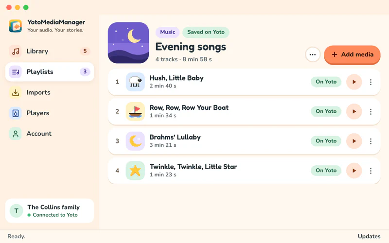 YotoMediaManager’s playlist editor showing four nursery rhymes, their icons, and the Saved on Yoto status