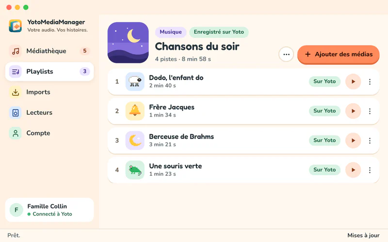 L’éditeur de playlist de YotoMediaManager avec quatre comptines, leurs icônes et l’état Enregistrée sur Yoto